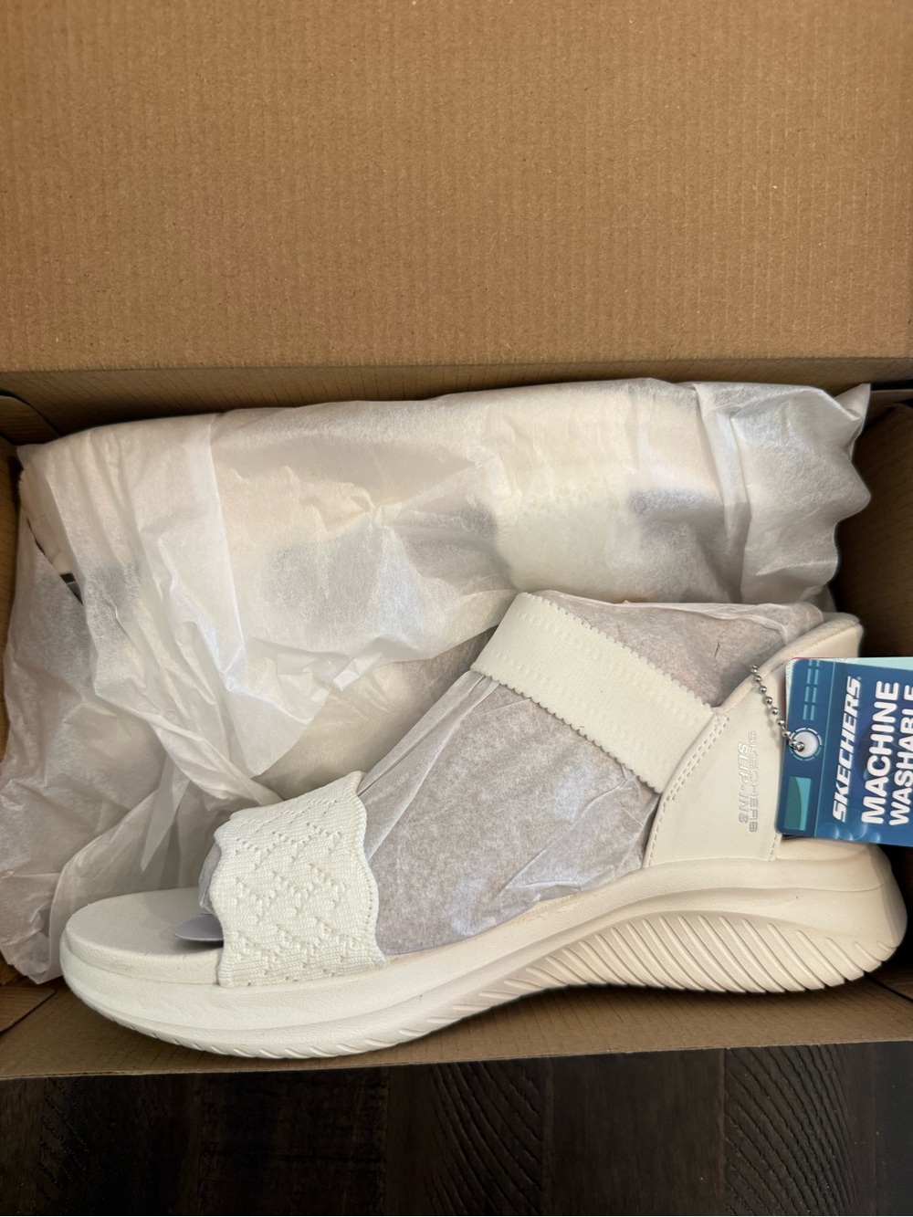 Skechers Women's off White Arya flex 3.0 Slip-On Knit Backstrap Sandal
